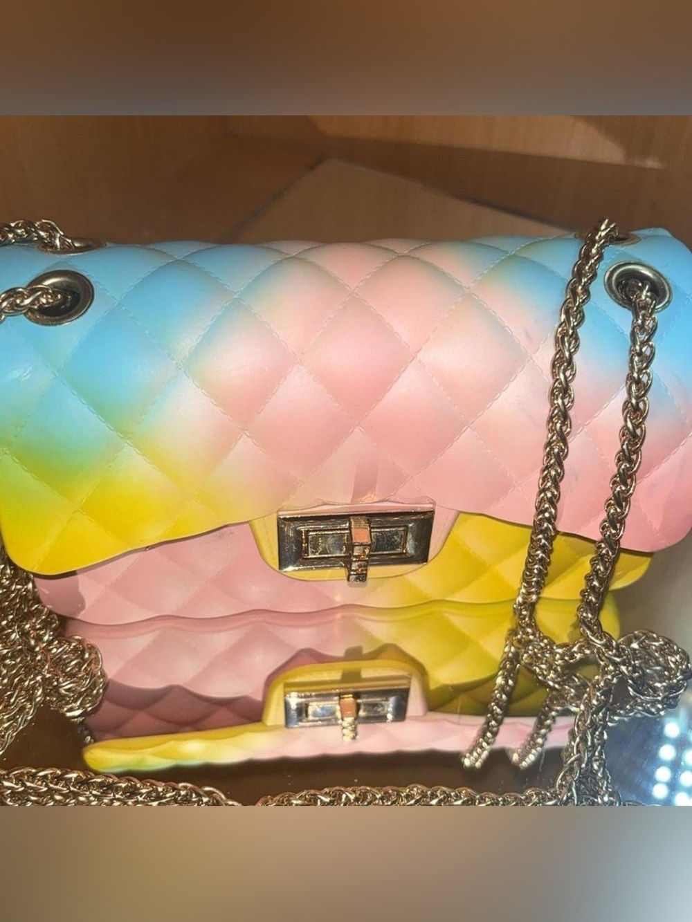 Pastel Rainbow Quilted Chain Shoulder Bag - Pink Yellow Blue